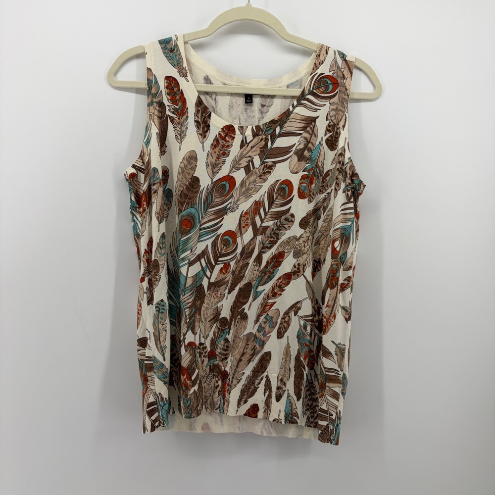 Talbots Womens X Cream Brown Feather Print Cotton Blend Knit Shell Tank Top